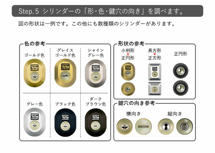 step.5_シリンダーの「形・色・鍵穴の向き」を調べます。