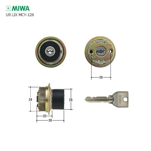 美和ロック U9シリンダー LIXタイプ MCY-126 ブラック色 キー3本付【MIWA U9 TE0.CY BK】